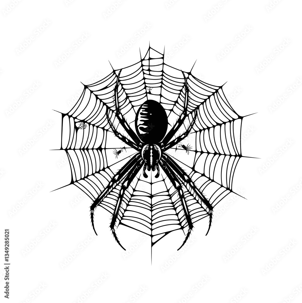 Fototapeta premium Spider on a spider web 3d icon vector in black color with white background.