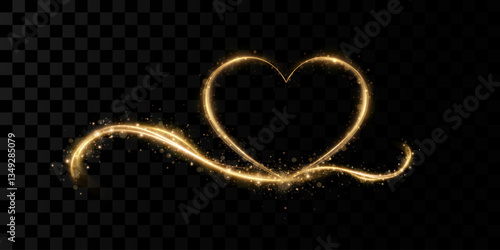 Heart gold with flashes isolated on transparent background. Light heart for holiday cards, banners, invitations.