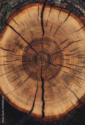Close-up of tree trunk cross-section, showing growth rings and cracks, with forest background.  Possible use nature, textures, design