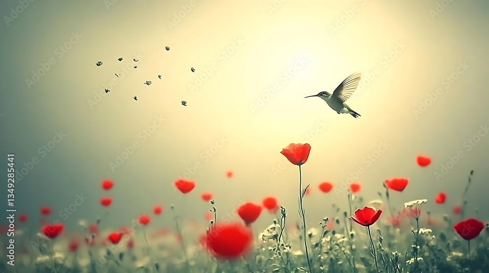 Fototapeta premium A hummingbird flying above a field of red poppies in sunlight