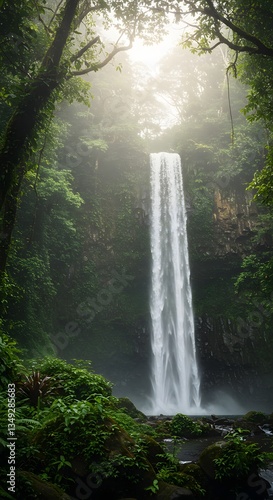 Nature's Symphony: The Enchantment of a Jungle Waterfall - This breathtaking landscape photography captures a majestic waterfall cascading down a rugged cliff within a dense jungle. Generative ai.