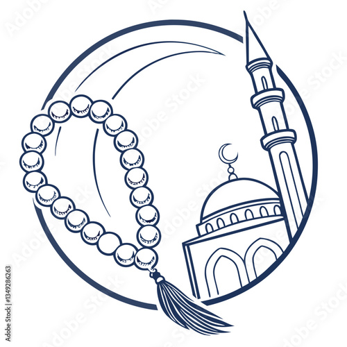 Islamic prayer beads and mosque outline for educational materials, Ramadan awareness, greeting card clipart and spiritual blog design

