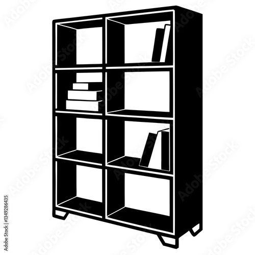 Minimalist Bookshelf Silhouette: A stark, two-dimensional representation of a bookshelf with an array of compartments, some adorned with minimalist book stacks.