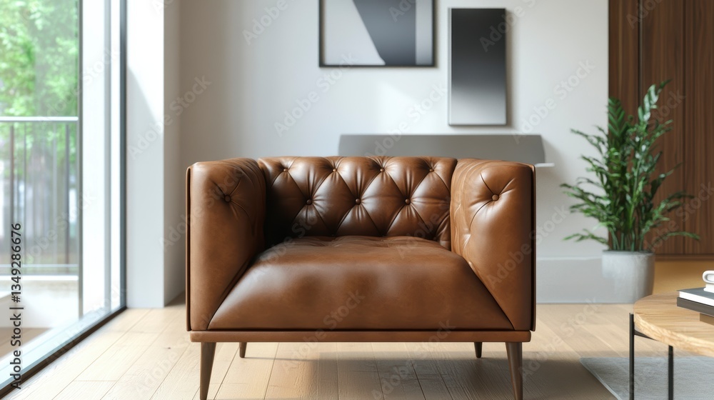 Fototapeta premium Brown leather armchair in modern living room with natural light.