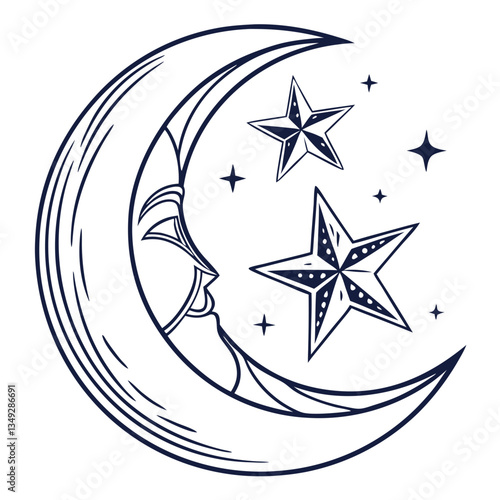 Crescent Moon and Stars Illustration for Mysticism, Dreams, and Celestial Art

