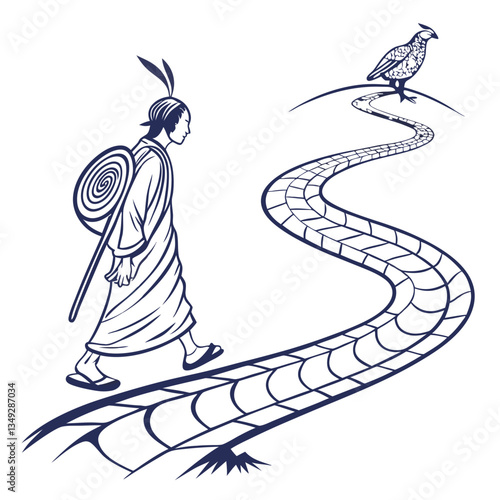 Traveler on a Symbolic Path Illustration for Spirituality, Journey, and Culture

