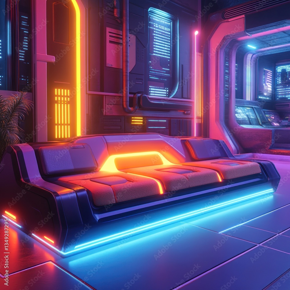 Futuristic lounge in a spaceship or space station interior. Vibrant neon lights illuminate a sleek, modern couch, amidst futuristic, technologically advanced decor Futuristic lounge in a spaceship or space station interior. Vibrant neon lights illuminate a sleek, modern couch, amidst futuristic, technologically advanced decor