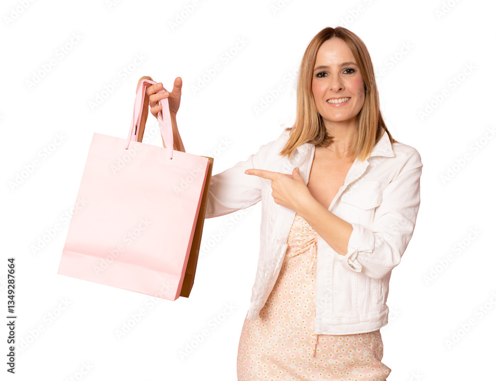 Beautiful attractive smiling woman in casual clothing holding shopping bags posing on transparent background isolated. Shopping concept. PNG transparent Beautiful attractive smiling woman in casual clothing holding shopping bags posing on transparent background isolated. Shopping concept. PNG transparent