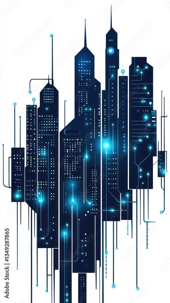 Fototapeta premium Futuristic city skyline with glowing elements and digital connections