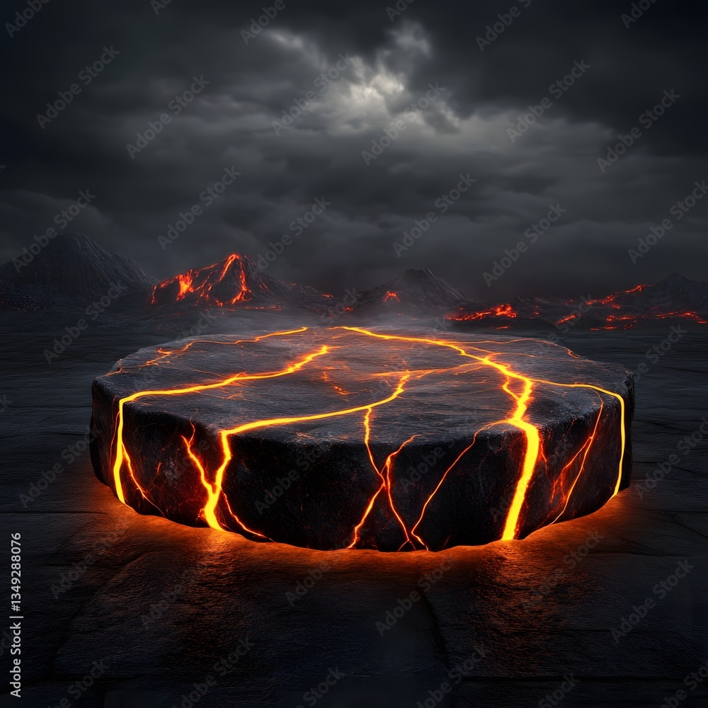 A podium made of obsidian rock, glowing with veins of molten lava in a volcanic landscape.