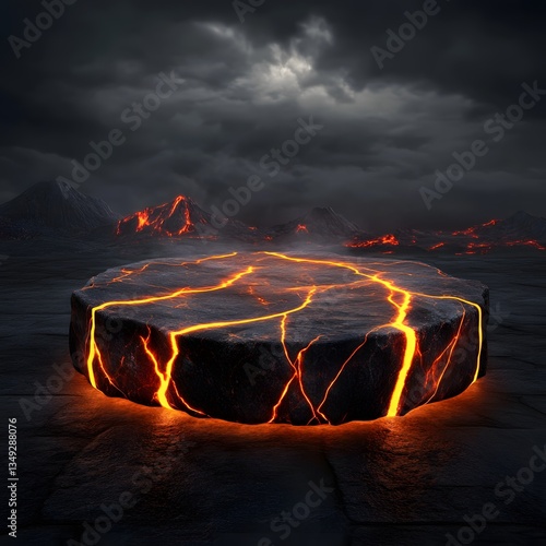 Obraz na płótnie A podium made of obsidian rock, glowing with veins of molten lava in a volcanic landscape. w salonie