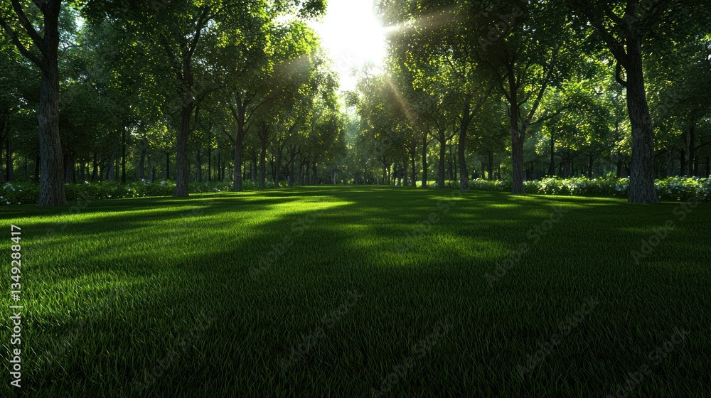 Fototapeta premium Sunlight filtering through forest trees on grassy meadow