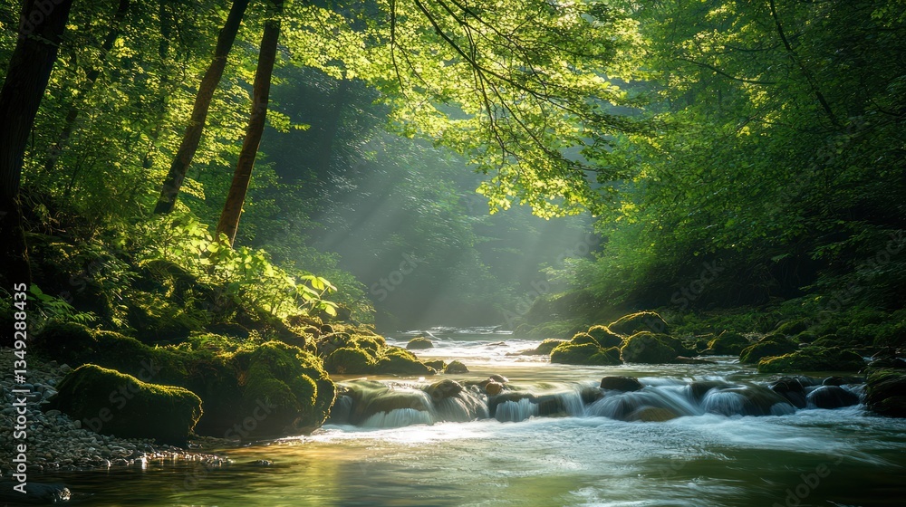 Sunlight streams through forest over a mountain stream. Possible use Nature, serenity, travel Sunlight streams through forest over a mountain stream. Possible use Nature, serenity, travel