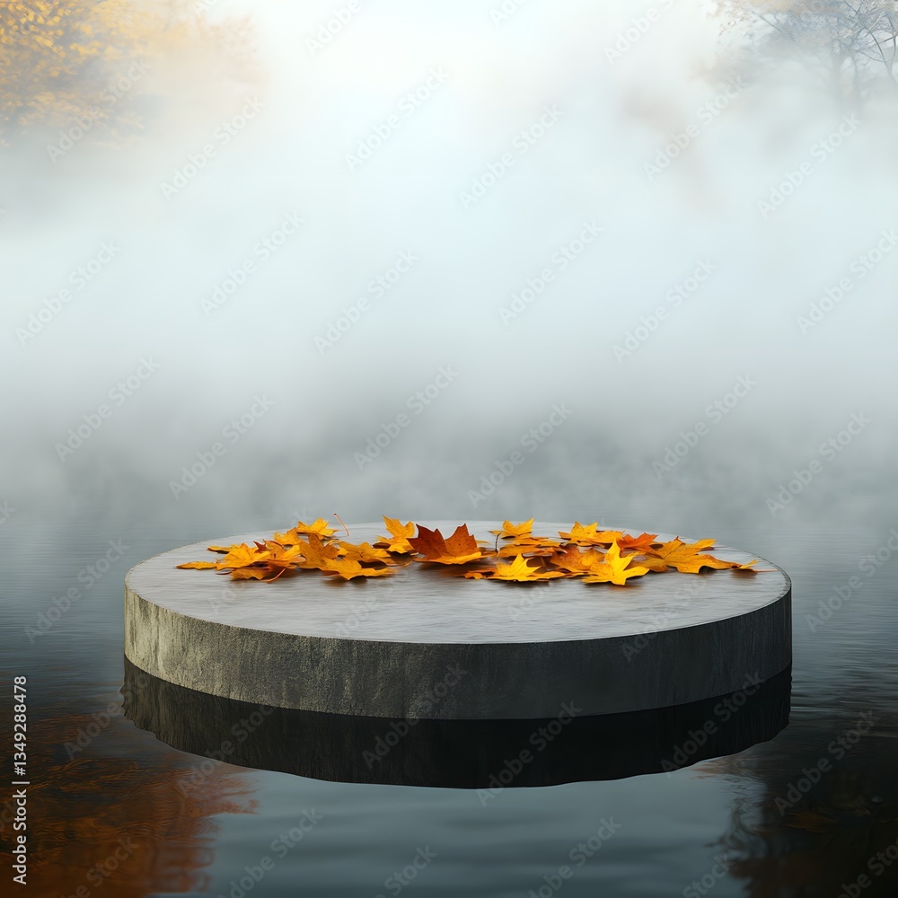 A podium surrounded by floating autumn leaves, placed in a serene misty lake.