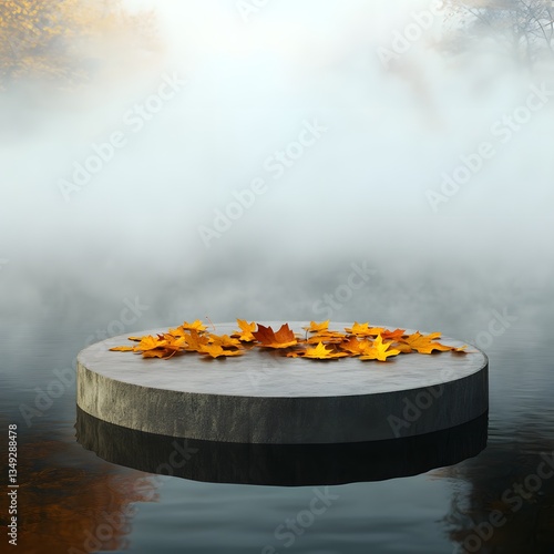 Obraz na płótnie A podium surrounded by floating autumn leaves, placed in a serene misty lake. w salonie