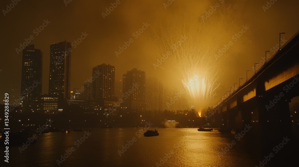 Obraz premium Cityscape at Night Illuminated by Dazzling Fireworks Display Over the Water