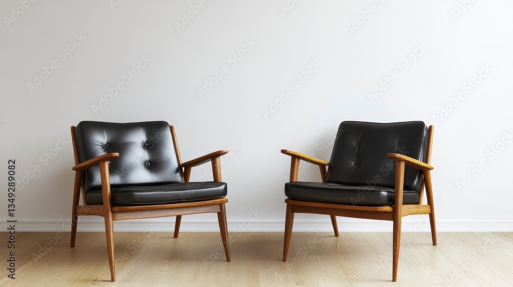 Fototapeta premium Two mid-century modern black leather armchairs facing each other in a minimalist room.