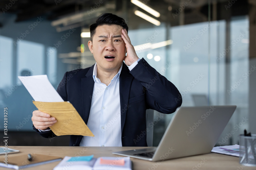 Obraz premium Upset young Asian businessman sitting in the office at his desk, holding an open envelope with a letter in his hand and holding his head in shock