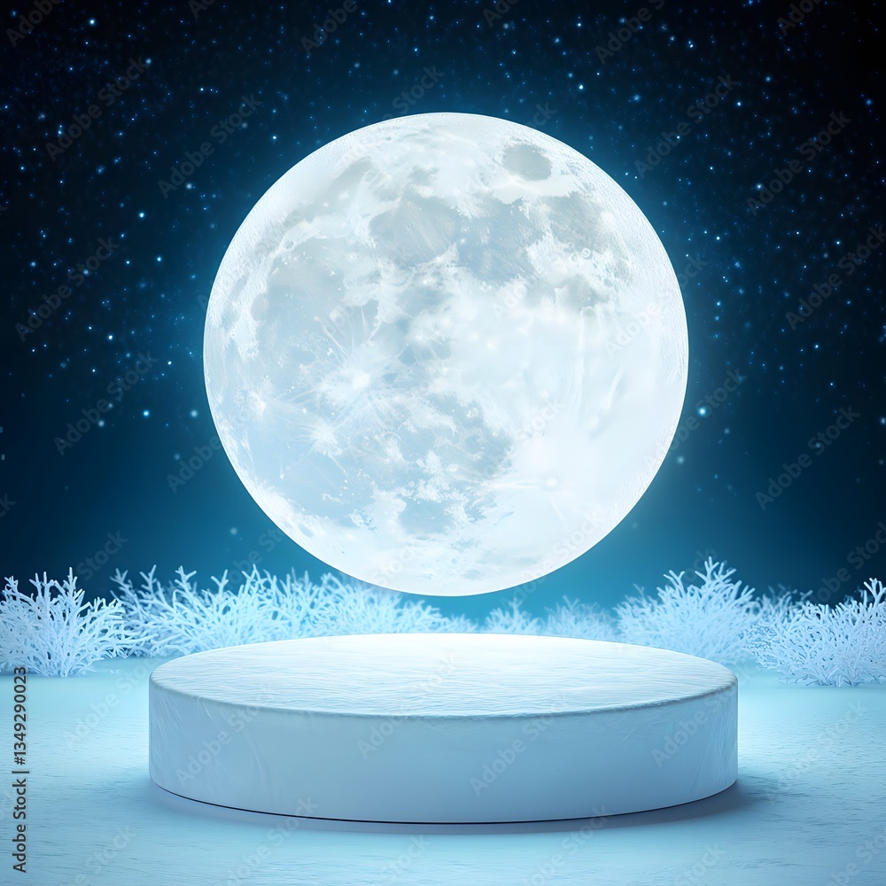 A podium formed from delicate frost patterns, glowing under the soft light of a full moon.