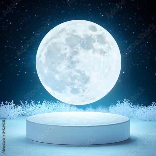 Obraz na płótnie A podium formed from delicate frost patterns, glowing under the soft light of a full moon. w salonie