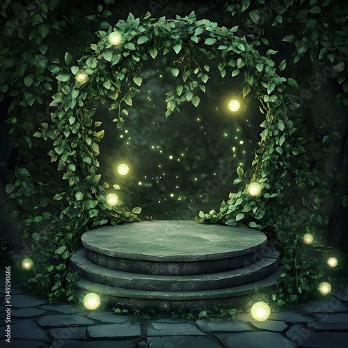 Obraz na płótnie A podium wrapped in vines with tiny glowing orbs, placed in an ethereal hidden garden. w salonie
