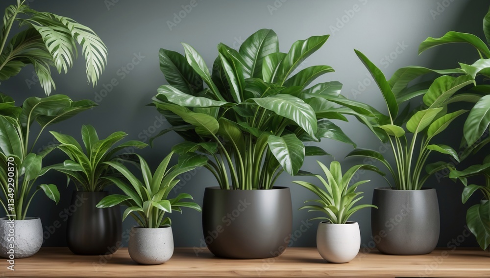 Fototapeta premium A beautiful arrangement of various indoor plants in stylish pots, showcasing vibrant greenery against a muted backdrop.