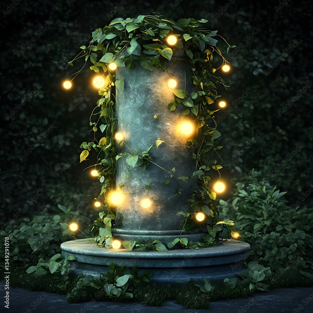 A podium wrapped in vines with tiny glowing orbs, placed in an ethereal hidden garden.