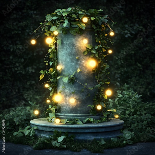 Obraz na płótnie A podium wrapped in vines with tiny glowing orbs, placed in an ethereal hidden garden. w salonie