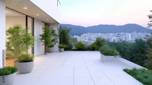 Modern terrace overlooking city and mountains