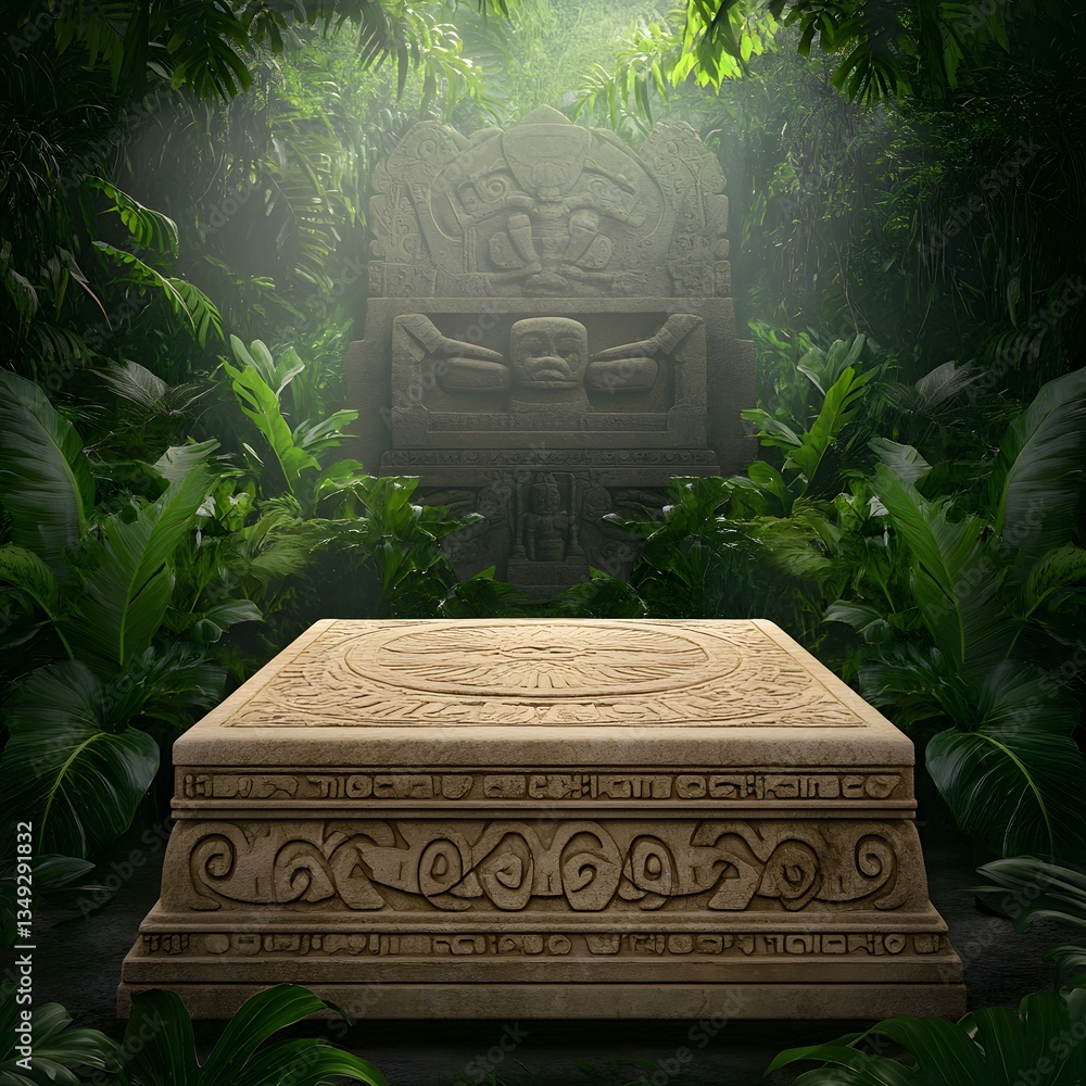 A podium made of carved sandstone, standing against the backdrop of an ancient jungle temple.