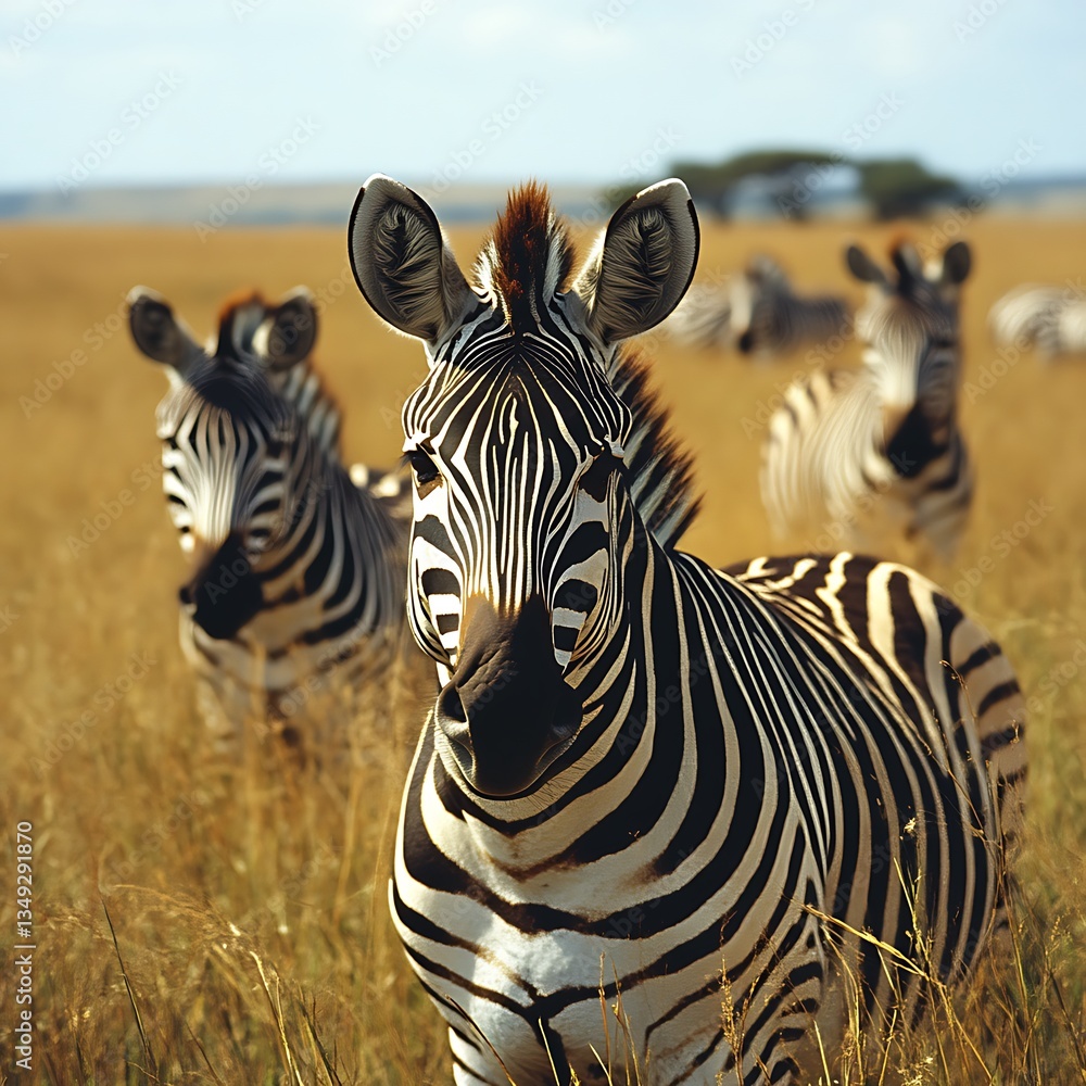 Fototapeta premium Zebras grazing savanna grassland Africa wildlife