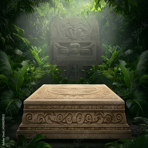 Obraz na płótnie A podium made of carved sandstone, standing against the backdrop of an ancient jungle temple. w salonie