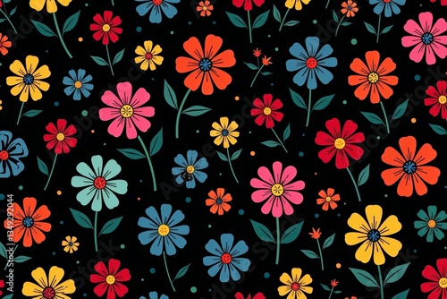 Retro groovy flower seamless pattern in vibrant colors on a black background, retro, groovy, colors