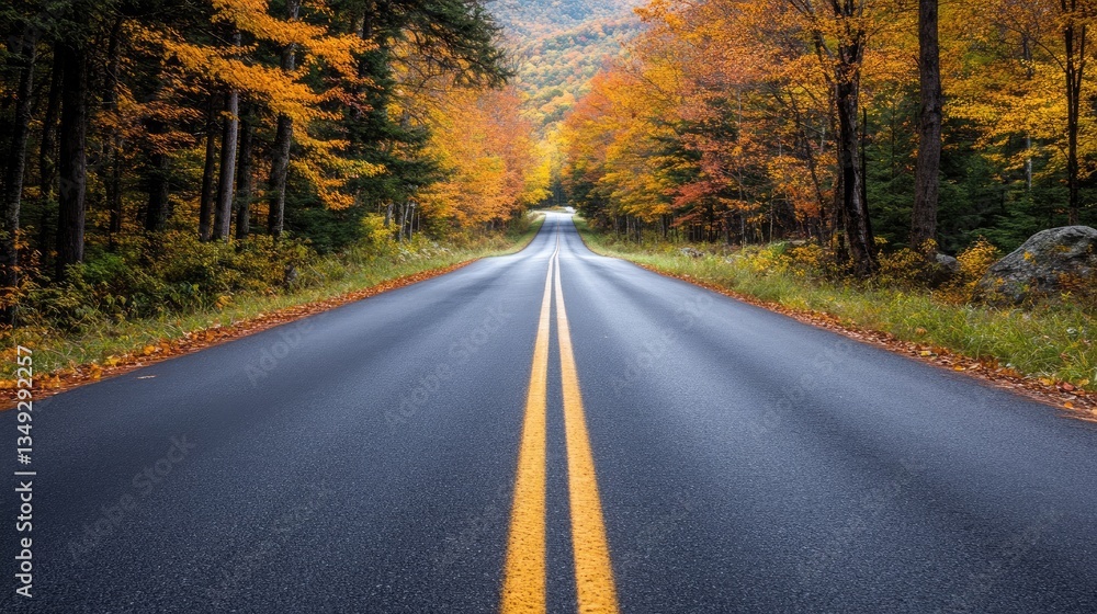 Fototapeta premium A rural two-lane asphalt road surrounded by autumn trees with vibrant foliage