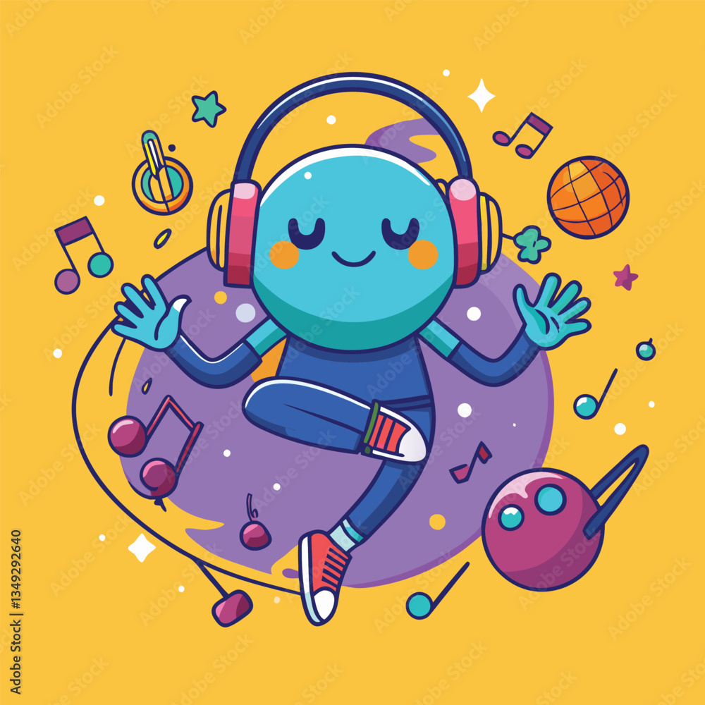 Naklejka premium Groovy Character Dancing to Music with Headphones and Cosmic Vibes