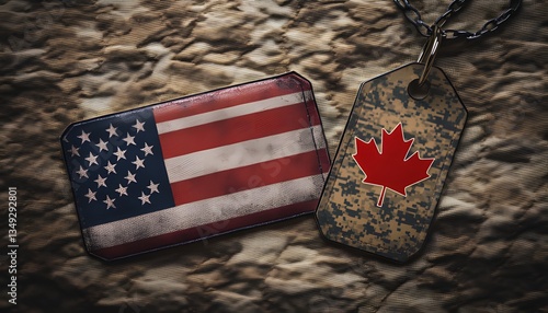 Army dog tag featuring the national flags of Canada and the United States on a khaki-textured background, representing a military theme.