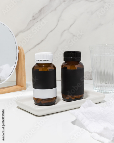 Two blank vitamin supplement amber bottles on bathroom counter