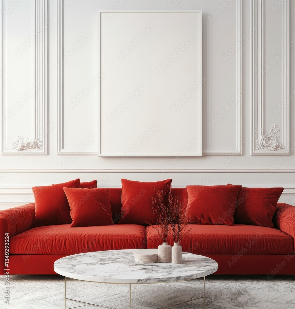 Fototapeta premium Red Velvet Sofa in Classic White Room with Ornate Molding and Empty Frame