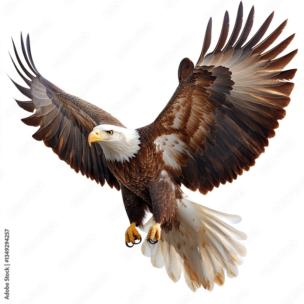 Obraz premium Majestic Bald Eagle in Flight Wings Spread Wide Isolated on White Background