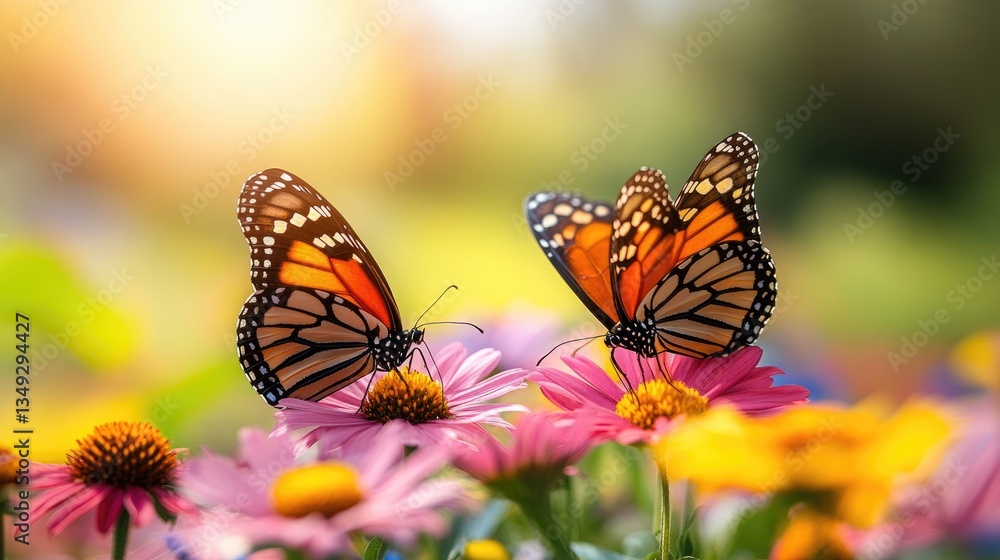 Naklejka premium Two Monarch Butterflies on Flowers in a Garden, Sunny Day, Ideal for Nature Stock