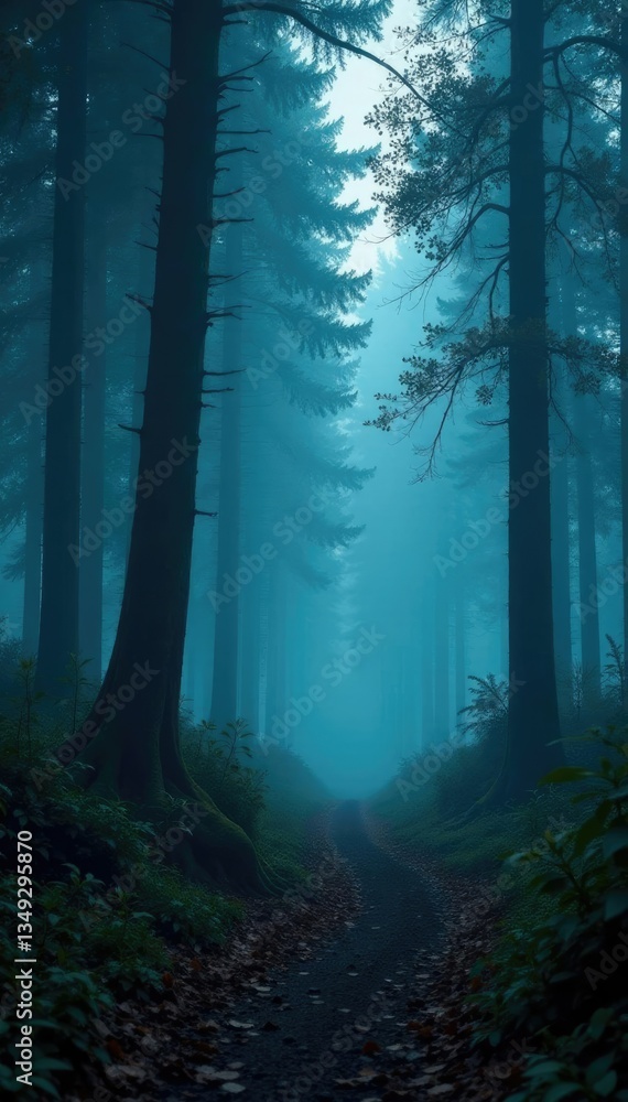 Naklejka premium Dark mist rises from a mystical forest at dusk, fog, eerie