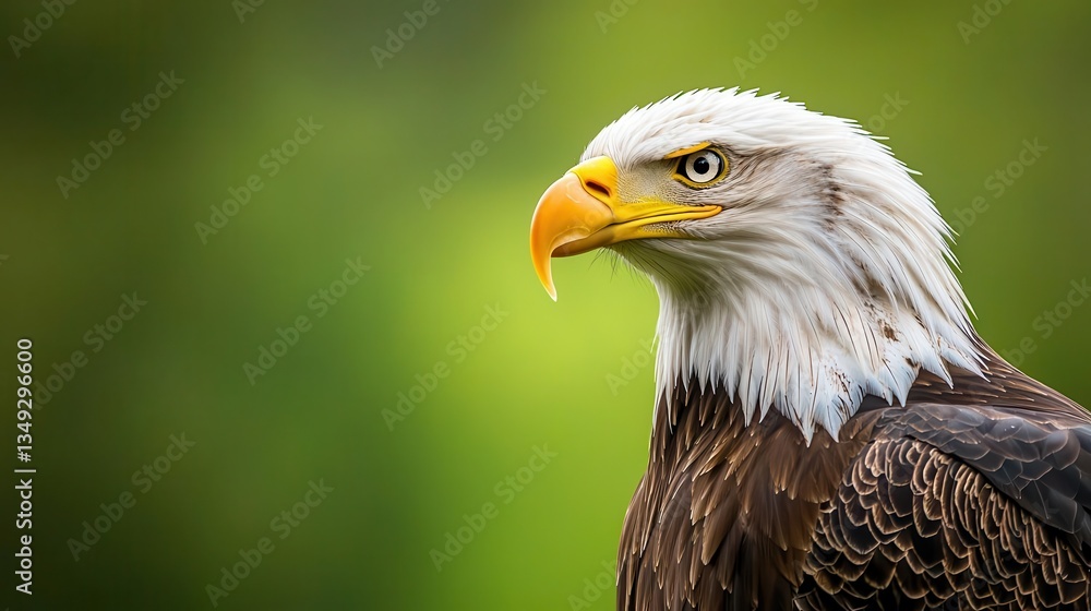 Realistic Bald Eagle perched proudly, sharp eyes and strong beak, filmed against a green backdrop for special effects Realistic Bald Eagle perched proudly, sharp eyes and strong beak, filmed against a green backdrop for special effects