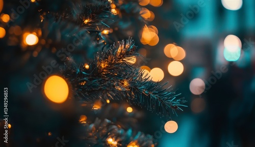 Wallpaper Mural Dark Green Artificial Christmas Tree Branch with Warm String Lights and Teal Bokeh Torontodigital.ca