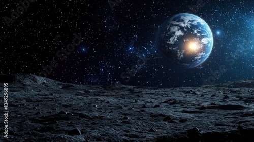 Earthrise over moon landscape