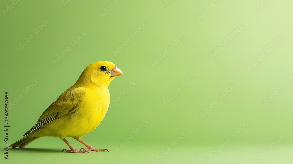 Obraz premium Realistic Canary bird standing still, bright yellow plumage, filmed for compositing against a clean green background