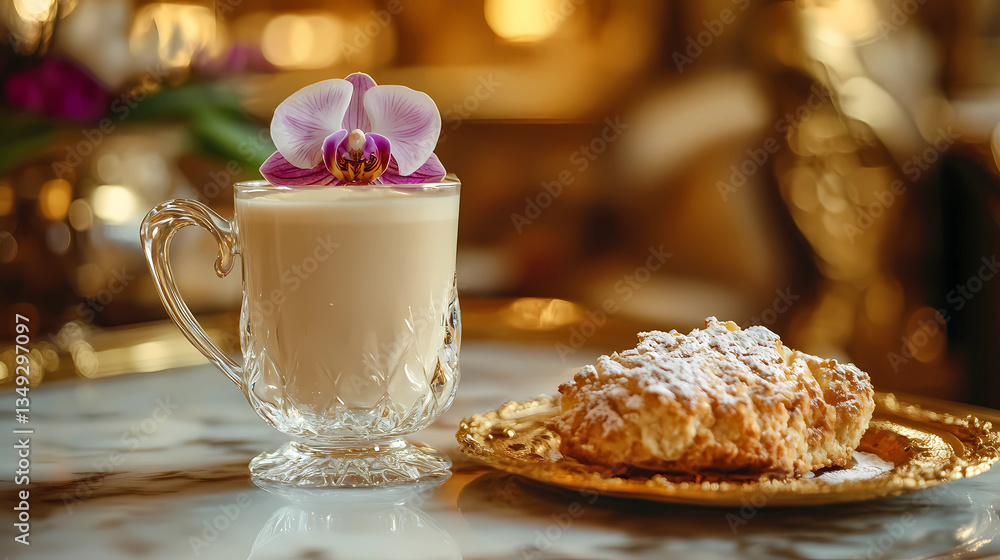 Indulge in this simple yet satisfying scene of a creamy milk tea and a tempting sweet bread slice, ideal for food and beverage themed projects Indulge in this simple yet satisfying scene of a creamy milk tea and a tempting sweet bread slice, ideal for food and beverage themed projects