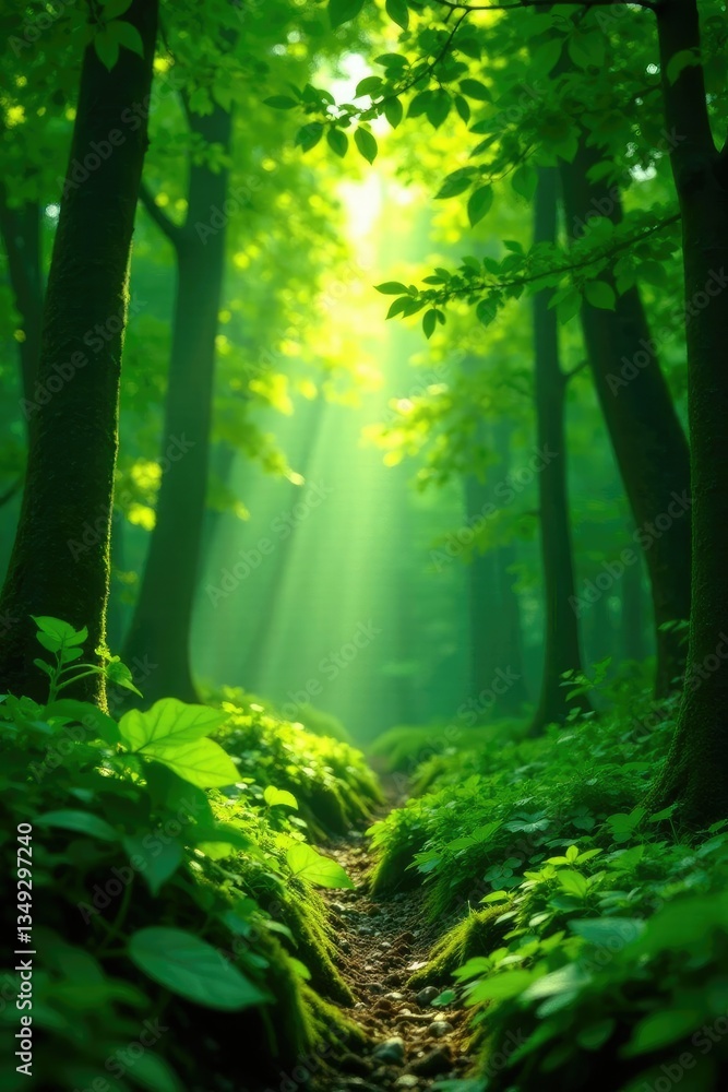 Obraz premium Dense foliage with sunlight filtering through leaves, forest, nature, green