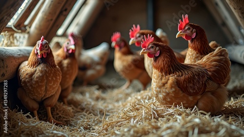 Group of brown hens inside cozy chicken coop with straw bedding