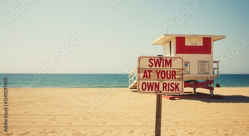 Sandy Beach with Lifeguard Tower and Swim at Your Own Risk Sign