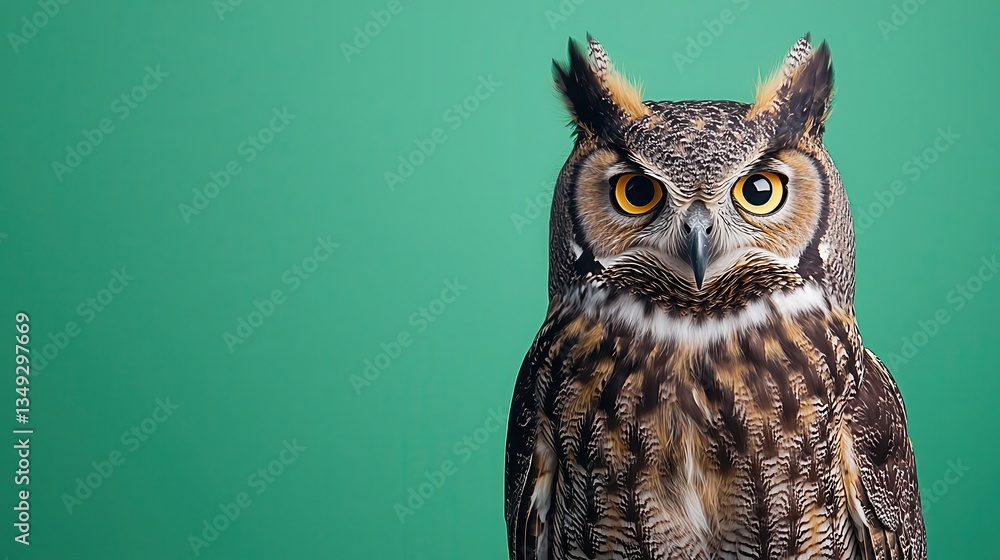 Obraz premium Realistic Great Horned Owl sitting calmly, large ear tufts, deep yellow eyes, filmed for compositing against a green backdrop